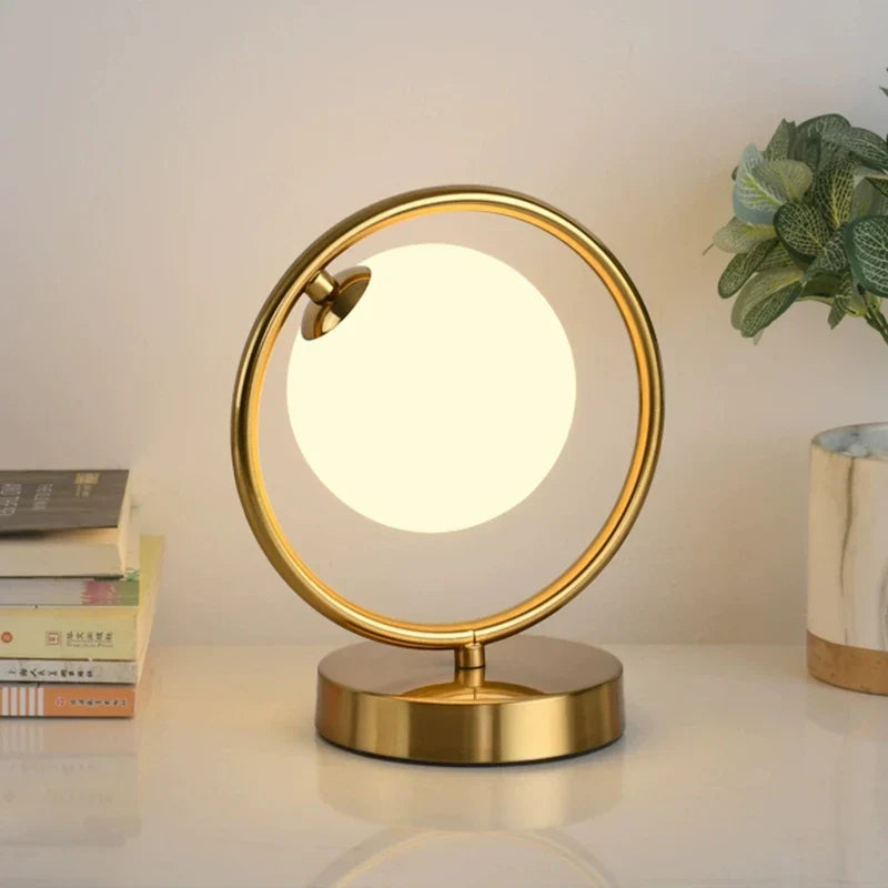 DecorBites™ LED Brass Glass Table Lamp for Bedside Reading Desk - Modern Round Ring Design