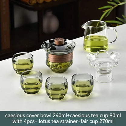 Decorbites™ Glas-Gaiwan-Tassen-Set mit Holzring, 240 ml Tee-Trennung & Filter, hitzebeständig