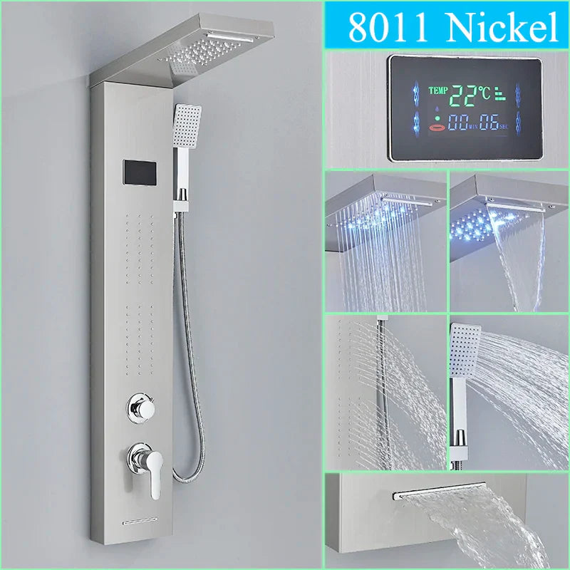 DecorBites™ LED Shower Panel Column Faucet with Rainfall Waterfall, Back Jet, Mixer Tap