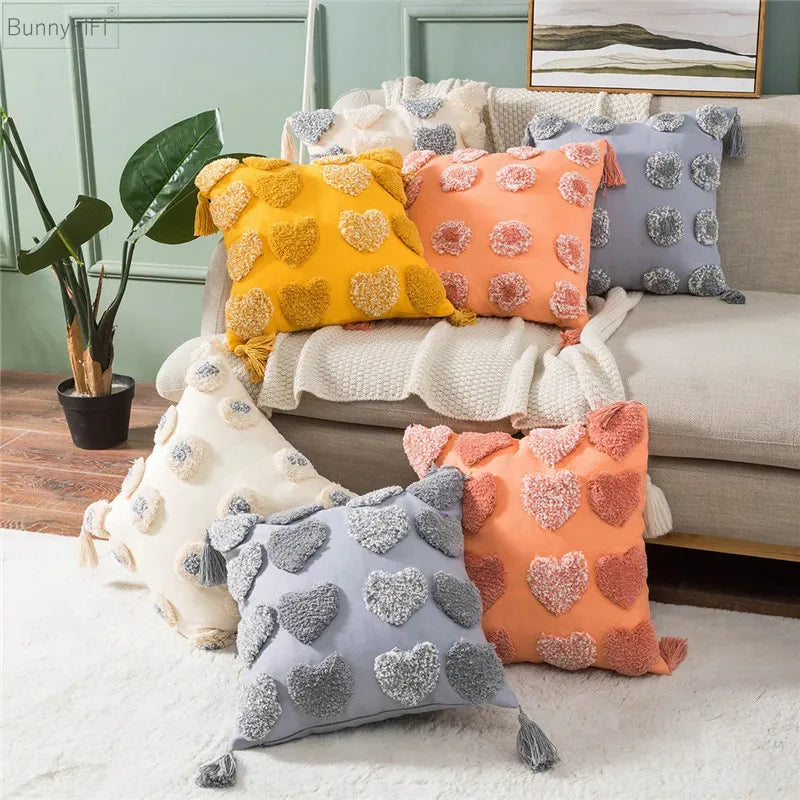 DecorBites™ Heart Embroidery Cushion Cover 45x45cm Orange Grey Geometric Pillowcase