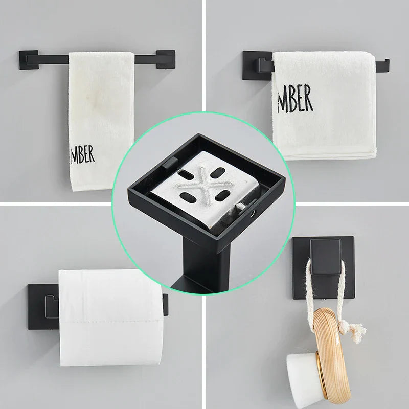 مجموعة أدوات الحمام السوداء من DecorBites™: خطاف رداء، سكة مناشف، رف، حامل مناديل