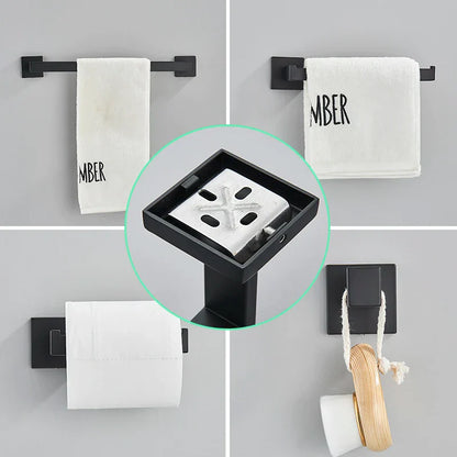 مجموعة أدوات الحمام السوداء من DecorBites™: خطاف رداء، سكة مناشف، رف، حامل مناديل