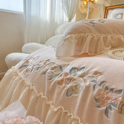 Decobites Pink Princess Lace Ruffle Bedding Set with Rose Embroidery, Fleece Duvet Cover, Sheet, Pillowcase