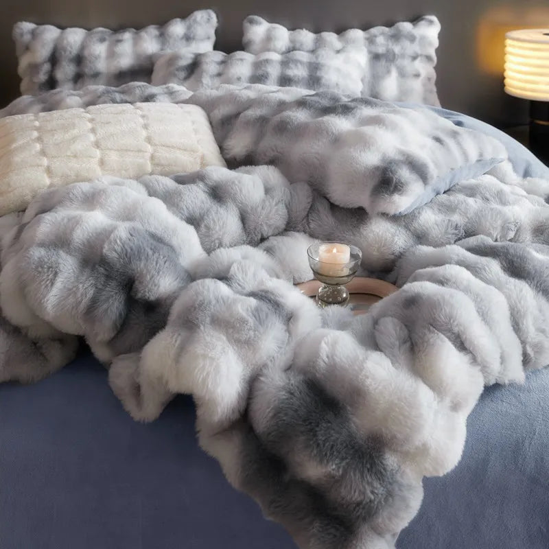 DecorBites™ Gradient Blue & Grey Faux Rabbit Fur Bedding Set: Velvet Fleece Duvet, Sheets, Pillowcases