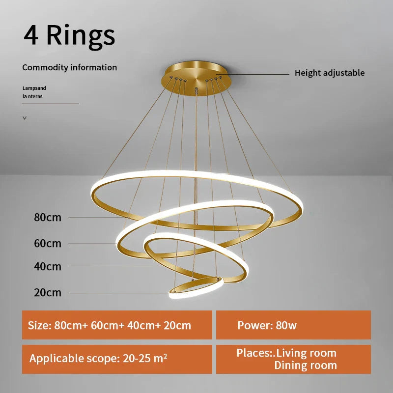 DecorBites™ Gold Circle Rings Chandelier LED Pendant Light for Living Room, Kitchen, Dining Room