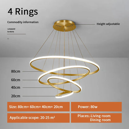 DecorBites™ Gold Circle Rings Chandelier LED Pendant Light for Living Room, Kitchen, Dining Room
