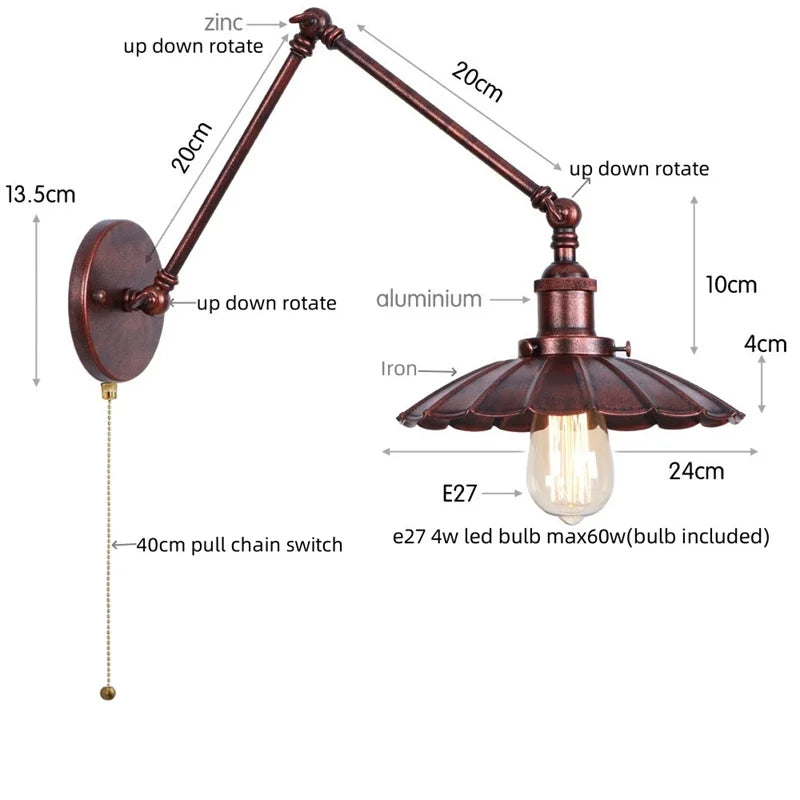DecorBites™ Gold Industrial LED Wall Lamp with Pull Chain Switch for Home Decor