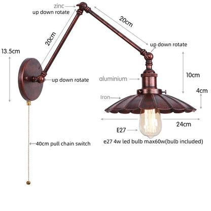 DecorBites™ Gold Industrial LED Wall Lamp with Pull Chain Switch for Home Decor