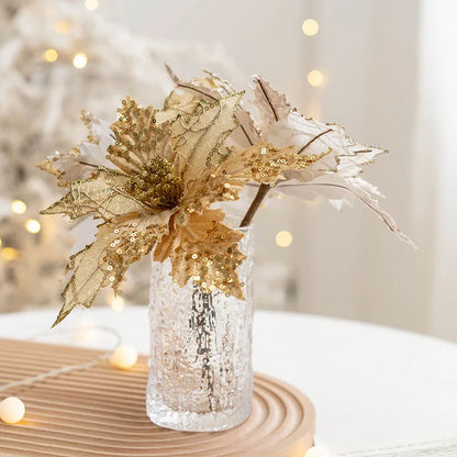 1PC Christmas Gold Silver Imitation Flower Xmas Tree Sequins Artificial Flowers DIY Ornaments for Festival Party New Year Decor