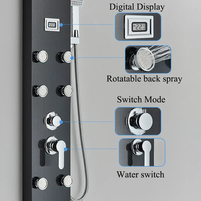 صنبور دش أسود مثبت على الحائط من DecorBites™ مع شلال مطري وخلاط ساخن وبارد