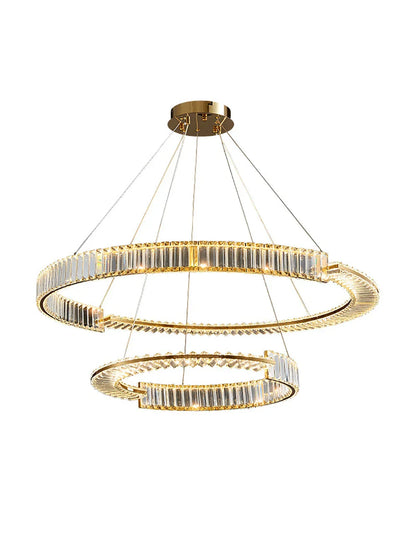 Lámpara de araña LED DecorBites™ con anillo de cristal dorado para una decoración minimalista y lujosa del hogar.