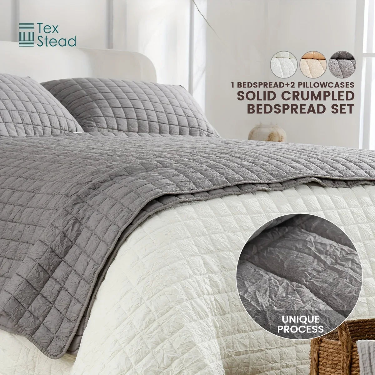 Decobites Soft Crumpled Bedspread Set (1 Bedspread + 2 Pillowcases) - Breathable & Comfortable