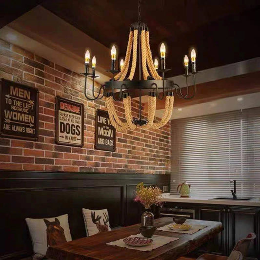 DecorBites™ Hemp Rope Ceiling Chandelier: Vintage Loft Pendant Lamp for Dining Room & Living Room