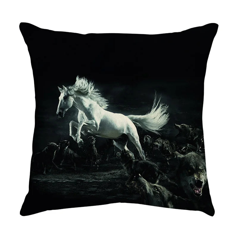 Funda de almohada DecorBites™ con estampado de caballo al galope: Funda de cojín de lino con estampado de caballo salvaje para decoración del hogar.