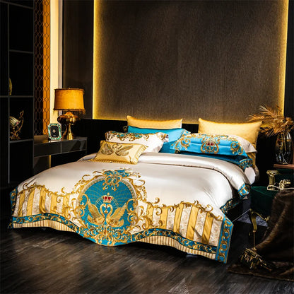 Decobites Embroidered Gold Blue Brocade Cotton Bedding Set with Duvet Cover, Sheets, Pillowcases