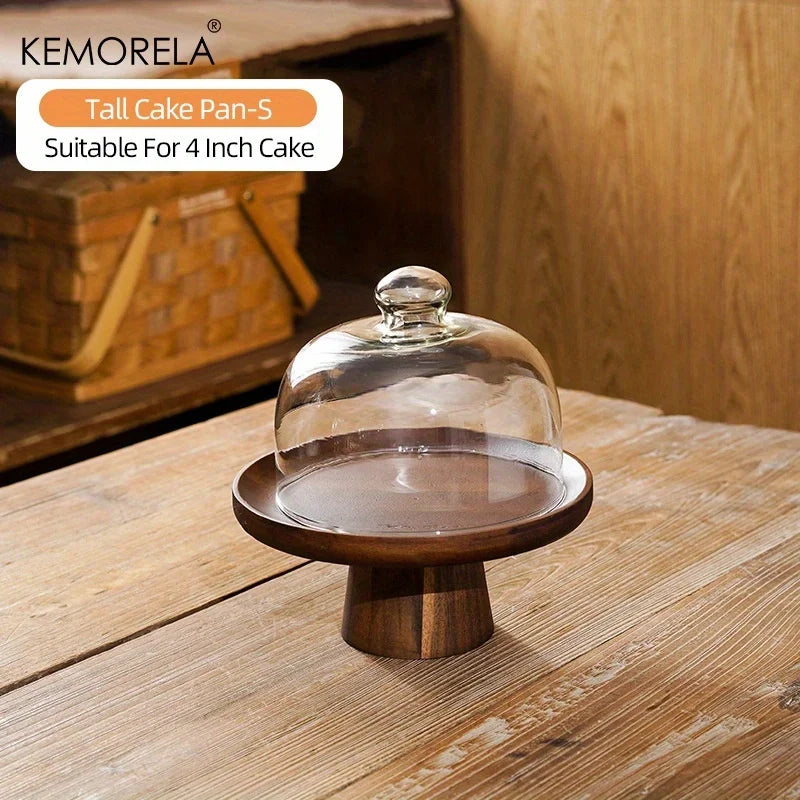 DecorBites™ Japanese Wooden Cake Tray with Glass Lid | Kitchen Food Storage Box