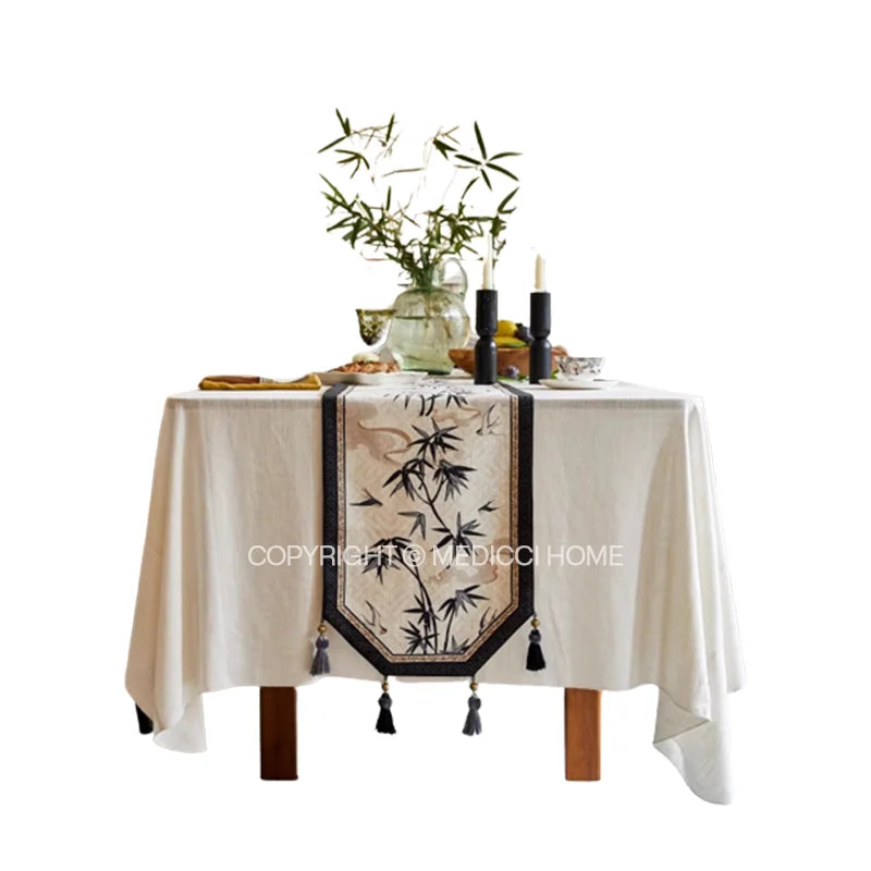 DecorBites™ Bamboo Leaf Swallow Print Table Runner for Chinoiserie Chic Farmhouse Decor