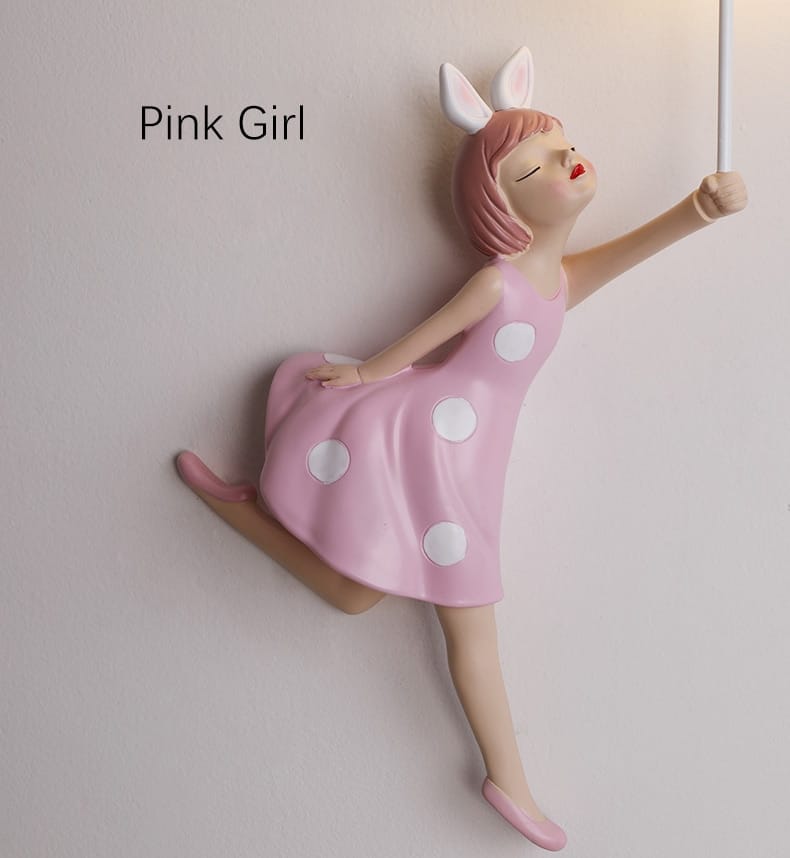 whimsical pink polka dot fairy girl wall lamp featuring a pink bunny-eared girl figurine in a polka-dot dress designed for bedroom decoration as a girl wall lamp.