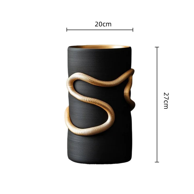 DecorBites™ Black Snake Pattern Vase with Gold Accents