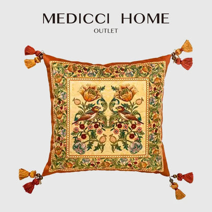 DecorBites™ Gobelin Tapestry Style Reversible Cushion Cover with Tassels and Retro Birds Floral Decor