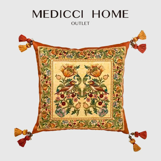 DecorBites™ Gobelin Tapestry Style Reversible Cushion Cover with Tassels and Retro Birds Floral Decor