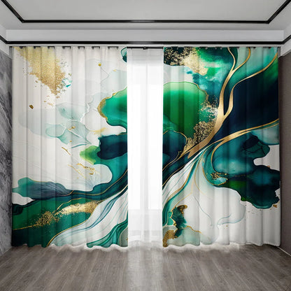 Decobites Green Marble Rod Pocket Curtains for Home Decoration