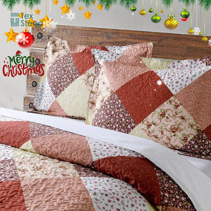 Decobites Multicolour Floral Patchwork Print Bedspread Set with Two Pillow Shams