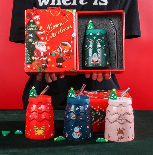 DecorBites™ Christmas Tree Ceramic Mug with Lid Straw for XMAS Gift