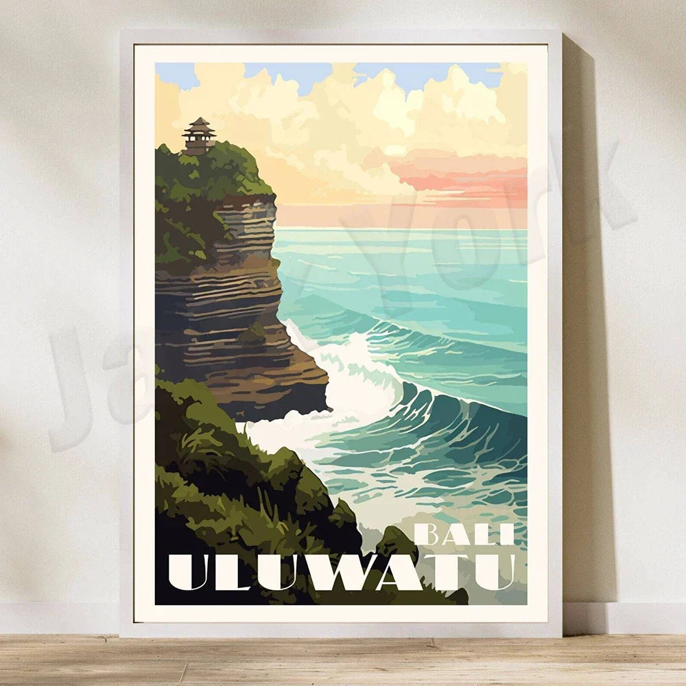 DecorBites™ Bali Surfing Poster - Uluwatu, Canggu, Pererenan Estuary, Borobudur, Komodo, Rice Field Illustration