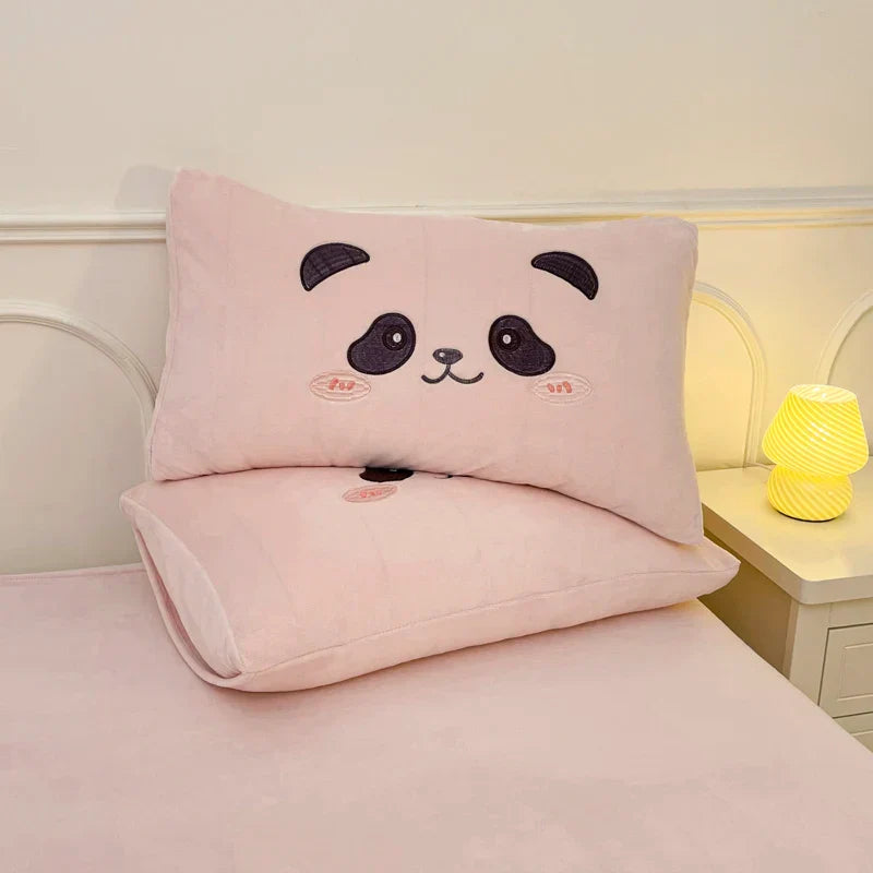 Decobites Pink Panda Applique Embroidery Bedding Set Double Queen Duvet Cover Bed Sheet Pillowcases