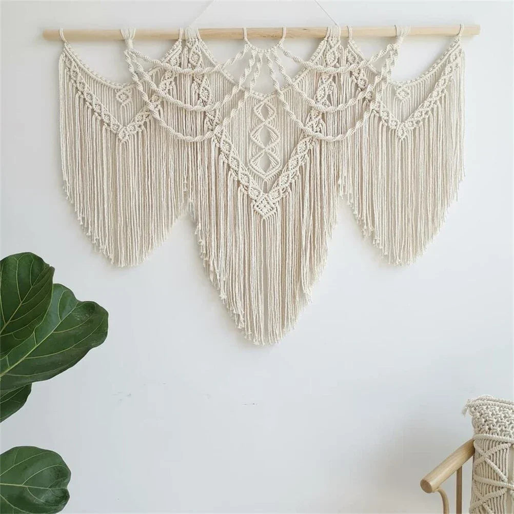 Decobites Large Hand-Woven Macrame Wall Hanging Tapestry with Wooden Stick & Tassels