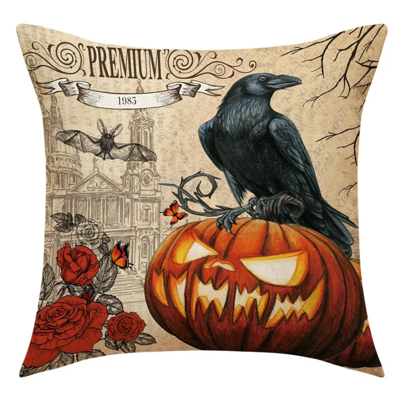 Decorbites™ Halloween-Kissenbezug-Set – Festive Bezüge für Sofakissen mit Druck von Kürbis, Katze und Hexenhut.