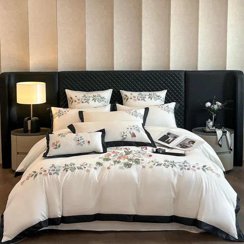 Luxury Flowers Embroidery Black Cotton Bedding Set by Decobites - 4Pcs