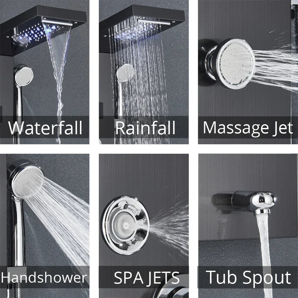 DecorBites™ LED Rainfall Shower Panel System with Temperature Screen & Massage SPA