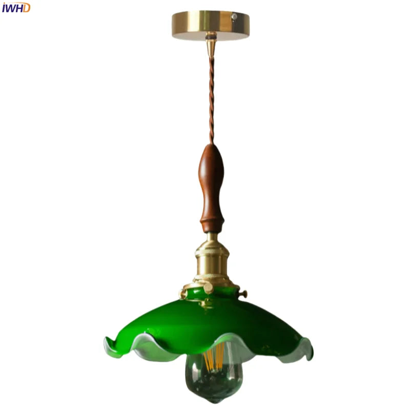 Green Glass Pendant Lamp Copper Base LED Included