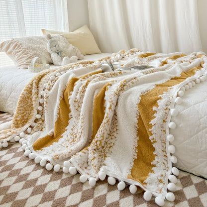 DecorBites™ Jacquard Fluffy Ball Lace Blanket | Double Sided Fluff Warm Sofa Cover