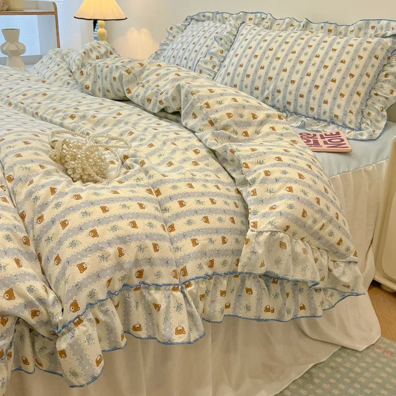 Decorbites™ Spitzen-Bettwäsche-Set: Bedrucktes Design, Einzelbett-Größe Queen, Gemütliche Steppbettbezug, Spannbettlaken, 2 Kissenbezüge