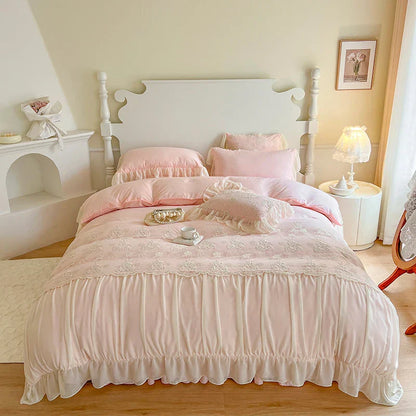 Decobites Pink Chiffon Lace Ruffles French Princess Bedding Set - 6-Piece Queen Size