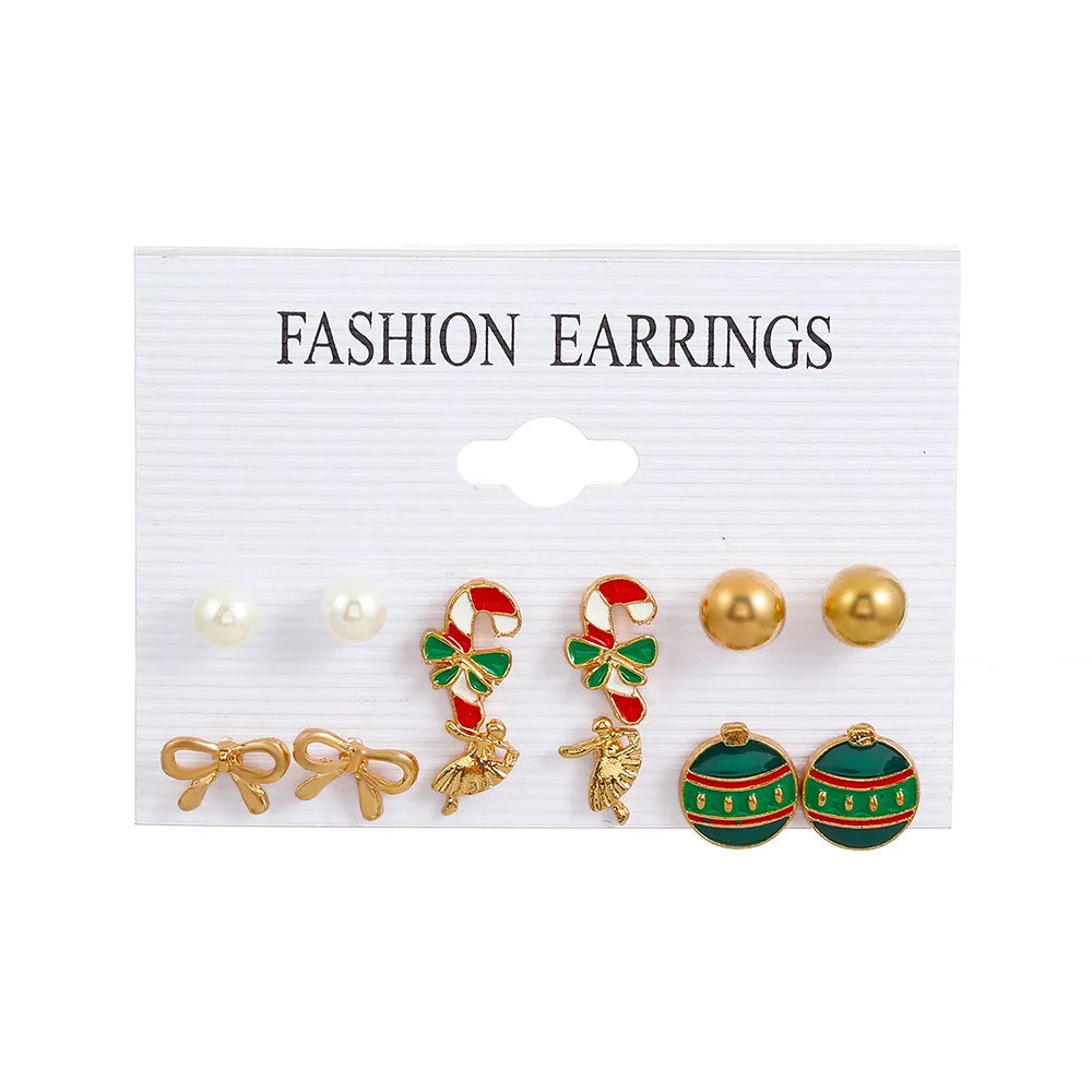 6 pairs/lot Christmas Earrings Xmas Tree Elk Snowman Santa Claus Cute Stud Earrings Set Kit Christmas Gifts For Women Girls Kids