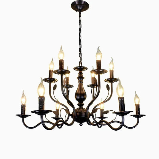 DecorBites™ French Candle Chandelier Black Iron Industrial Vintage Farmhouse Lighting