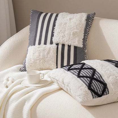 DecorBites™ Boho Tufted Fringed Black White Geometry Printed 45x45cm Pillowcase