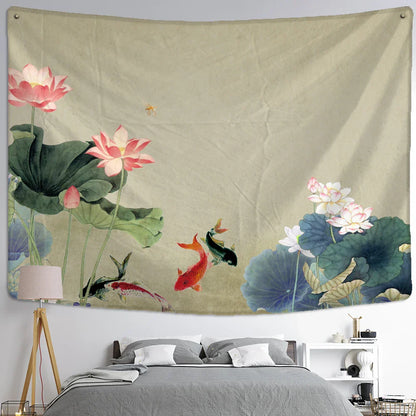 Decobites Koi Lotus Ink Tapestry Wall Hanging - Bohemian Aesthetics Home Decor