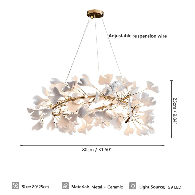 DecorBites™ Gold Branches Chandelier Porcelain Leaves Pendant Lights