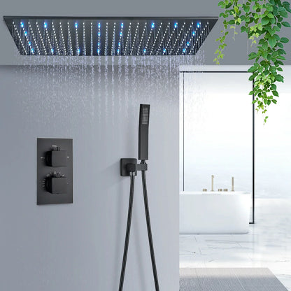 Juego de grifería termostática para ducha DecorBites™ con luz LED en oro cepillado y cabezal de ducha tipo lluvia para techo