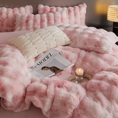 DecorBites™ Gradient Blue & Grey Faux Rabbit Fur Bedding Set: Velvet Fleece Duvet, Sheets, Pillowcases