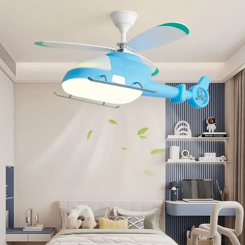 Decorbites™ Ventilador de Techo en Forma de Helicóptero Aeronave Lámpara de Techo Infantil Azul Rosa Luz para Habitación de Niños