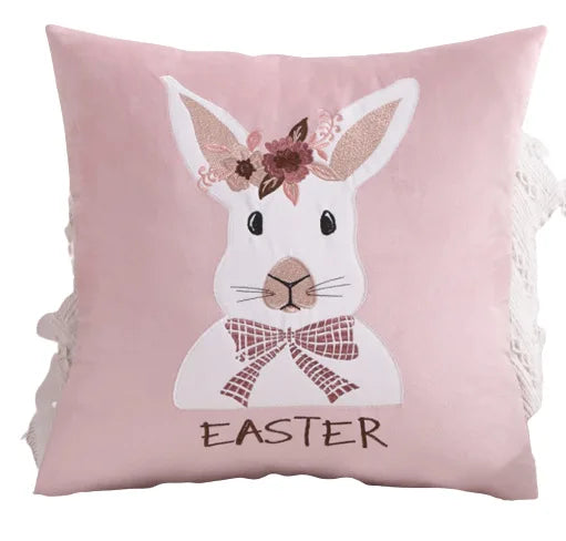 DecorBites™ Bunny Cushion Cover Pink White Floral Embroidered Easter Home Sofa Decoration