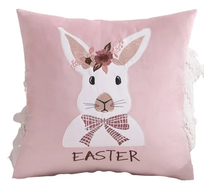 DecorBites™ Bunny Cushion Cover Pink White Floral Embroidered Easter Home Sofa Decoration