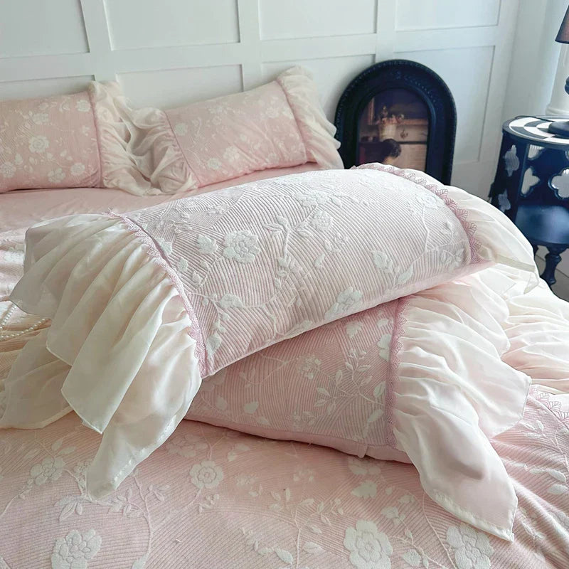 DecorBites™ Lace Ruffles Velvet Princess Bedding Set: Duvet, Sheet, Pillowcases