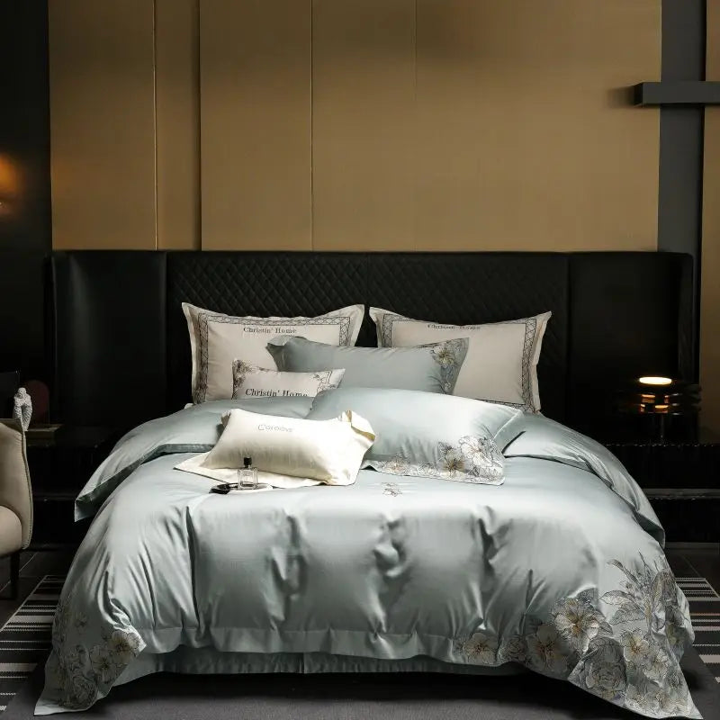 Decobites Luxe Embroidered Cotton Bedding Set: Duvet Cover, Pillowcases, Flat Sheet